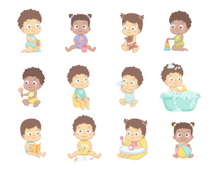 Cute babies draw with pencils, play with cubes, with a ball, read a book. Vector illustration on a white background.