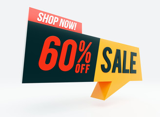 60% Sale, Shop Now text words on glossy bubble 3D render	