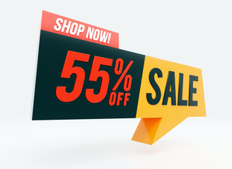 55% Sale, Shop Now text words on glossy bubble 3D render	