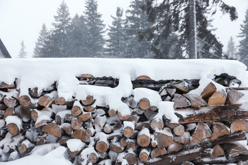 Stack of firewood covered with snow outdoors