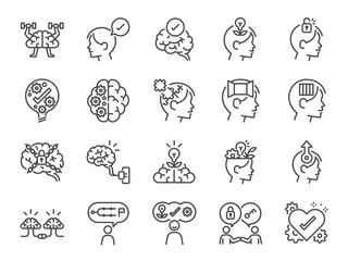 Mindset icon set. Included icons as idea, think, creative, brain, moral, mind, kindness and more.