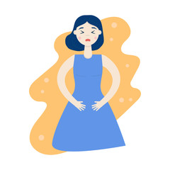 The girl holds her hands on the lower abdomen.The concept of disease of the kidneys, cystitis, thrush, candidosis, genital infections. Women's disease.  Vector illustration.