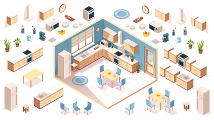 Kitchen elements for room design. Constructor elements of kitchenware utensil, appliance, items. Isometric shelf, oven, milk, fruit plate, fridge, washbasin, plant, table, chair. Furniture for cooking
