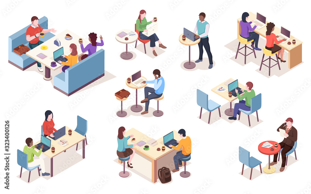 Poster set of isolated vector isometric people with notebook at cafe. cafeteria work or job at dining room 
