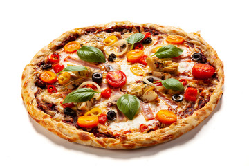 Pizza with ham and artichoke on white background