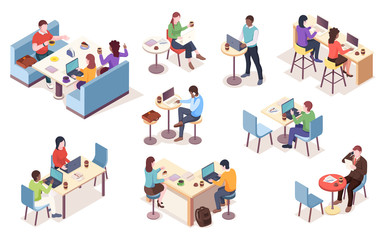 Set of isolated vector isometric people with notebook at cafe. Cafeteria work or job at dining room infographic element. Workspace icons. Coworker with coffee or tea. Business lunch with coffee