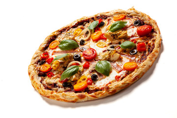 Pizza with ham and artichoke on white background