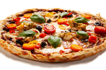 Pizza with ham and artichoke on white background