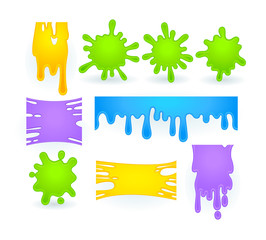 Set of Slime Splashes, Liquid Goo of Yellow, Purple, Green and Blue Blots. Dripping Halloween Texture for Banner Decoration, Bright Objects Isolated on White Background, Cartoon Vector Illustration