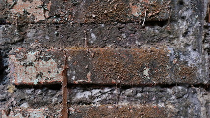 The brick walls are weathered dirty and full of dust                               