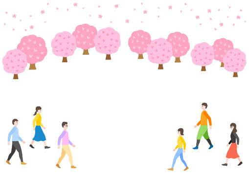 桜並木　花見をする人々