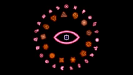 Circular ring with glowing mystical symbols . Sacred geometry , occult signs. 3d rendering illustration