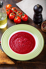 Gazpacho soup. Traditional spanish cold tomato soup of fresh raw vegetables.