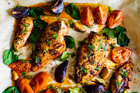Sheet-pan barbecue chicken breasts with roast vegetables