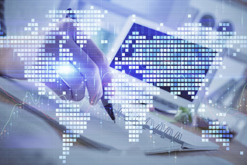 International business hud over woman's hands writing background. Concept of hard work. Double exposure