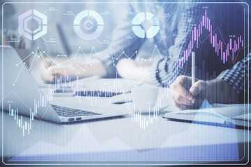 Multi exposure of forex chart with man working on computer on background. Concept of market analysis.
