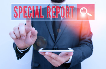 Writing note showing Special Report. Business concept for the latebreaking news Special coverage or news flash