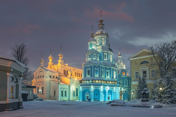 Fototapeta na wymiar KHARKIV, UKRAINE - February 12th, 2020: Pokrovsky Cathedral on a cold winter evening