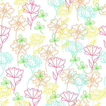 Abstract seamless pattern with isolated colored flowers. Vector illustration.