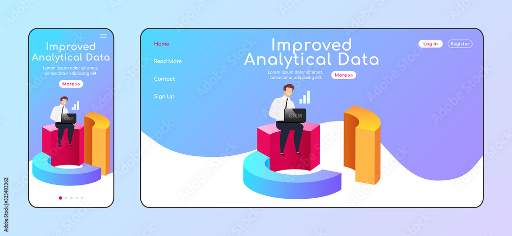 Poster improved analytical data adaptive landing page flat color vector template. businessman with laptop m