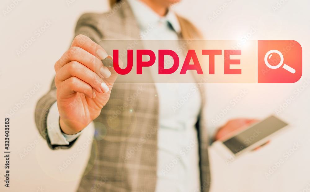 Sticker text sign showing update. business photo text make something more modern adding new facts changing i