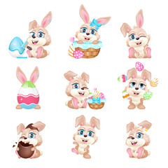 Cute Easter bunnies kawaii cartoon vector characters set. Eggs hunting symbol holiday greeting card design elements. Adorable and funny rabbits. Hares isolated sticker, patch collection on white