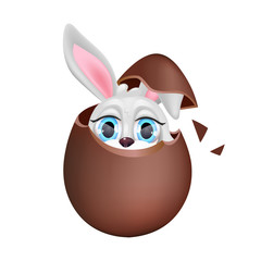 Cute bunny sitting in chocolate egg kawaii cartoon character. Easter holiday symbol. Adorable and funny animal peer out sweet egg isolated sticker, patch. Anime baby rabbit, tricky hare emoji on white
