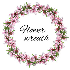 A wreath of gentle pink flowers on a white background. Vector ink drawn illustration for decorating cards, greetings and invitations.