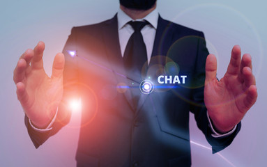 Conceptual hand writing showing Chat. Concept meaning take part in a discussion that involves...