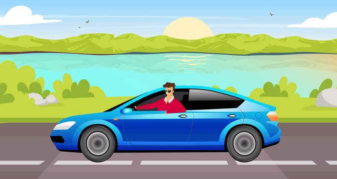 Young Man Driving Sedan Flat Color Vector Illustration. Happy Driver In Blue Car 2D Cartoon Character With Lake Landscape On Background. Smiling Guy In Sunglasses On Summer Road Trip