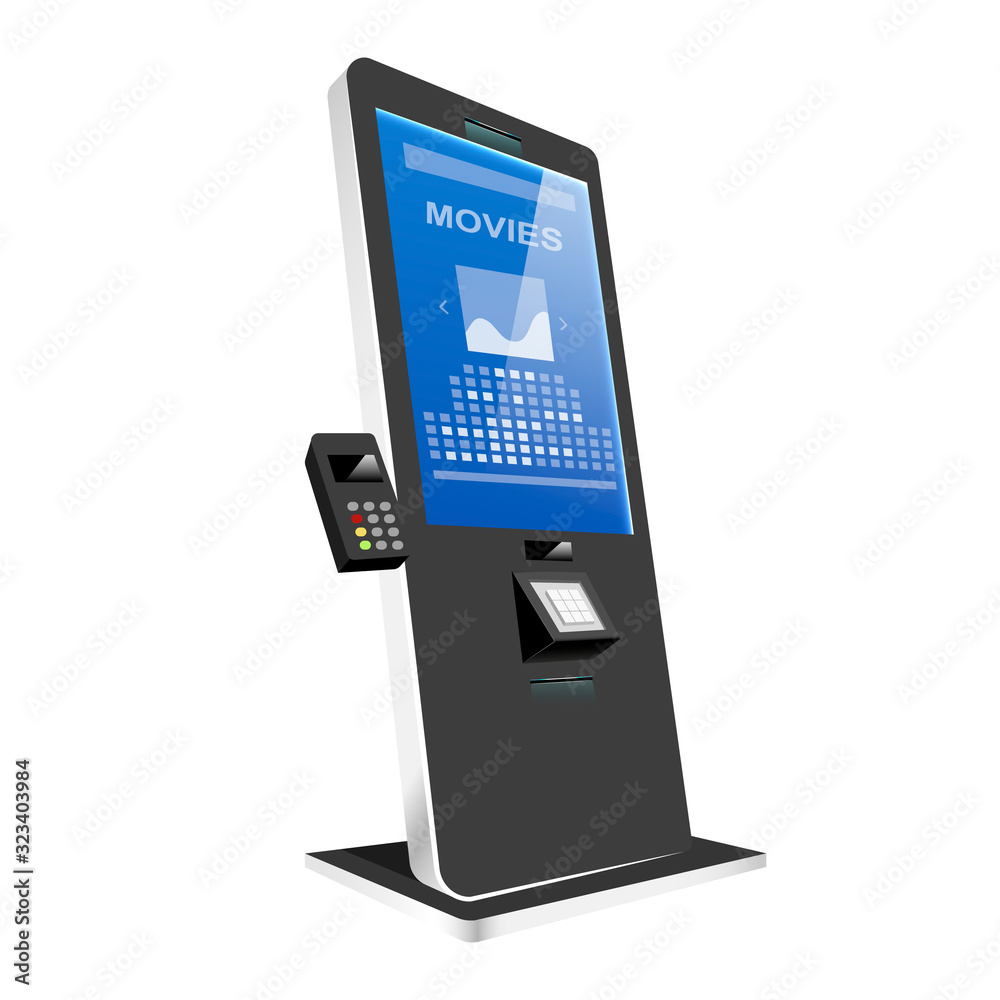 Poster tickets kiosk with terminal realistic vector illustration. cinema self service stand flat color obje