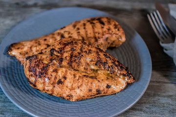 Grilled chicken fillet on a gray plate. Close-up.