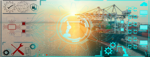 Aerial of cargo ship carrying container with line maintenance technology concept  from  cargo yard port to other ocean concept freight shipping ship on blue sea background.