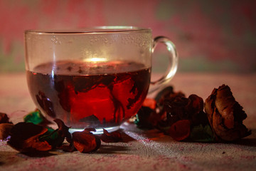Red Hot Hibiscus tea in a glass mug