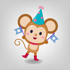 Character design. Cute rat wearing party hat on white background. Birthday invitation card.