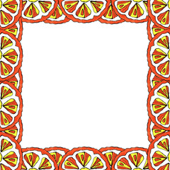 Sweet, summer orange  frame. Handmade on paper with markers and liner. For packaging design labels,â€™postcards, flyers with space for your text. Isolated on a white background.