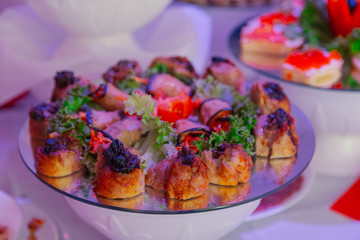 Beautiful festive table set. Served table for guests.