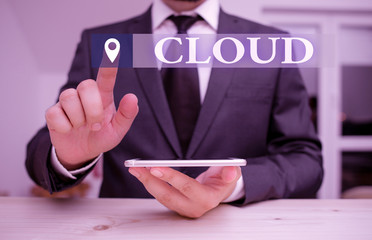 Handwriting text Cloud. Conceptual photo anything that involves delivering hosted services over the Internet Male human wear formal clothes present presentation use hi tech smartphone