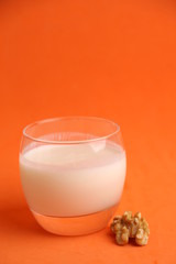 glass of walnut milk in color background