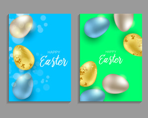 Greeting Easter background with realistic Easter eggs. Top view with copy space