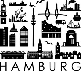 Hamburg City Seaport Skyline Outline Silhouette Vector - obrazy, fototapety, plakaty