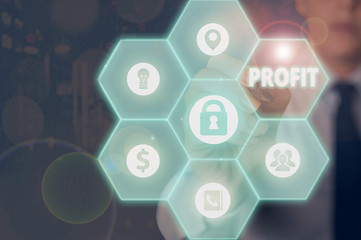 Word writing text Profit. Business photo showcasing money that is earned in trade or business after paying the costs