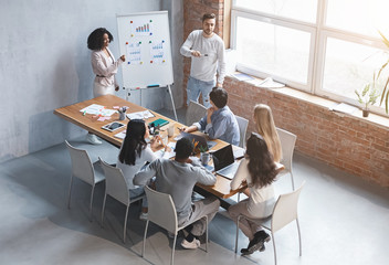 Colleagues making business presentation during meeting in office