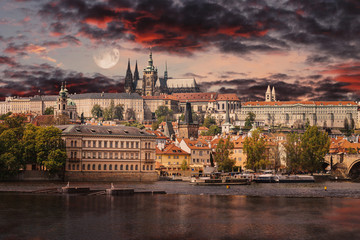 Fototapeta na wymiar Prague City Skyline with St Vitus Cathedral and Boats on Vltava River - Czech Republic, Bohemia, Europe