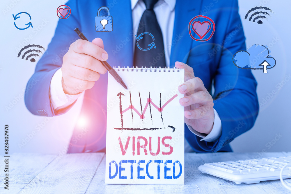 Aufkleber writing note showing virus detected. business concept for identified a malware that possible can har