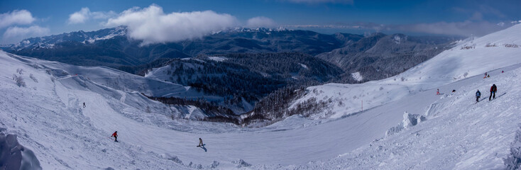 Naklejka premium Snow covered fir trees on the background of mountain peaks. Panoramic view of the picturesque snowy winter landscape.