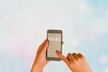 Writing note showing Share. Business concept for the full or proper portion or part allotted or...