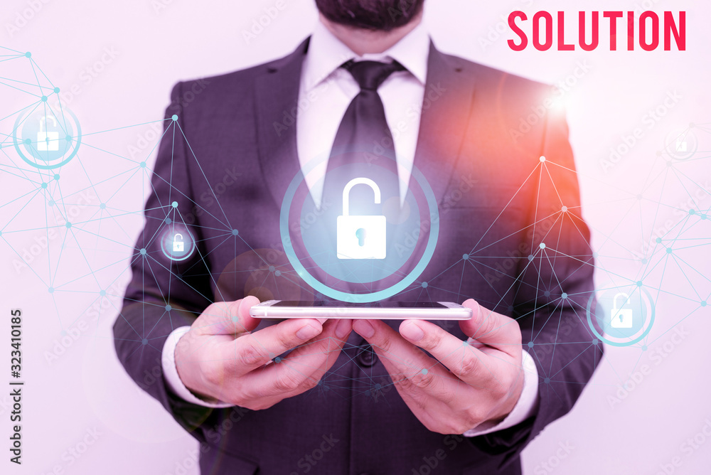 Poster Writing note showing Solution. Business concept for a means of solving a problem or dealing with a difficult situation