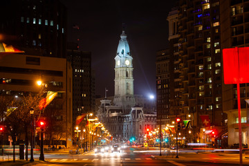 Benjamin Franklin parkway at night toward Penn square and city hall of Philadelphia
