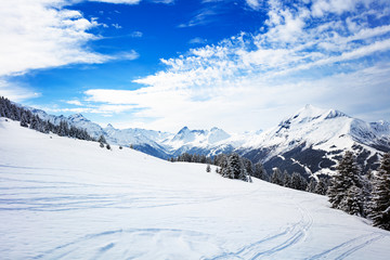 Fototapeta na wymiar Mountain range peaks and snow plane view Mont-Blanc, Chamonix region, Auvergne-Rhone-Alpes in south-eastern France